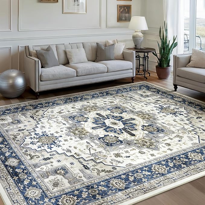 Area Rugs 5x7 - Machine Washable Vintage Oriental Soft Rug, Low Pile Thin Floor Carpet with Non Slip Backing for Living Room, Bedroom,Dorm, Kitchen, Indoor House, Office Rolling Chair