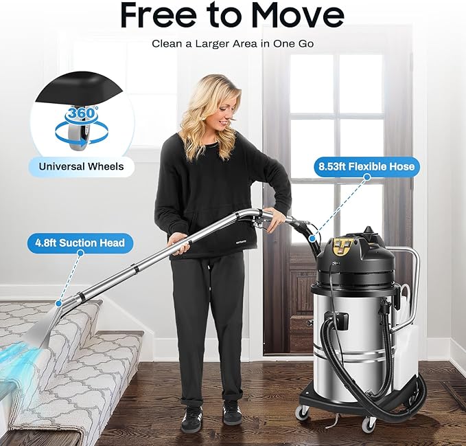 LOYALHEARTDY Carpet Cleaner Machine, 3 in 1 Portable Wet Dry Sofa Curtain Fabric Dust Cleaner,60L Commercial Floor Cleaning Machines with Long Flat/Dry/Water Vacuum Head and Round Brush