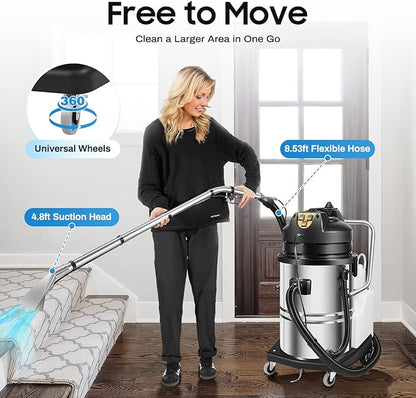 LOYALHEARTDY Carpet Cleaner Machine, 3 in 1 Portable Wet Dry Sofa Curtain Fabric Dust Cleaner,60L Commercial Floor Cleaning Machines with Long Flat/Dry/Water Vacuum Head and Round Brush