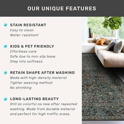 8ft Long Runners for Hallways Non Slip, 2'6" x 8' Floor Runner for Kitchen, Entryway Indoor, Washable Rubber Backing Stain Resistant - Vintage Floral Dark Green & Black Wide Décor