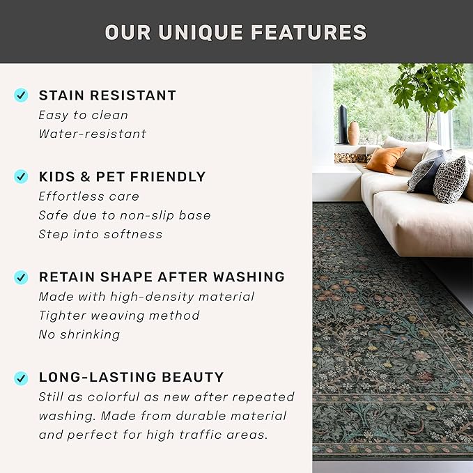 Vintage Dark Green Living Room Rug, 8x10 Washable Area Rugs for Dining Room Under Kitchen Table, Bedroom, Oriental Low Pile Stain Resistant Non-Slip Large Carpet (8x10 Dark Green)