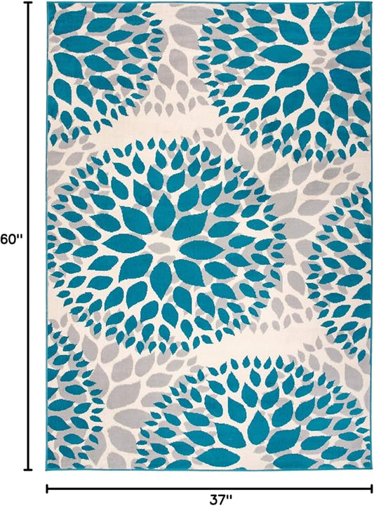 Rugshop Modern Blue Floral Circles Design Area Rug – Elegant Non-Shedding, 3'1" x 5' for Living Room, Bedroom, Dining Room, Kitchen
