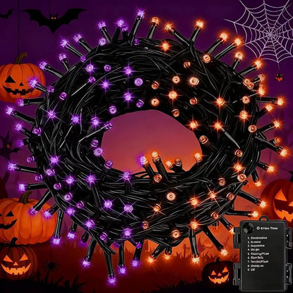 Purple&Orange Halloween Lights, 33FT 100 LED Outdoor String Light with Timer & 8 Modes, 3AA Battery Operated Waterproof String Light for Outdoor and Indoor Halloween Decor