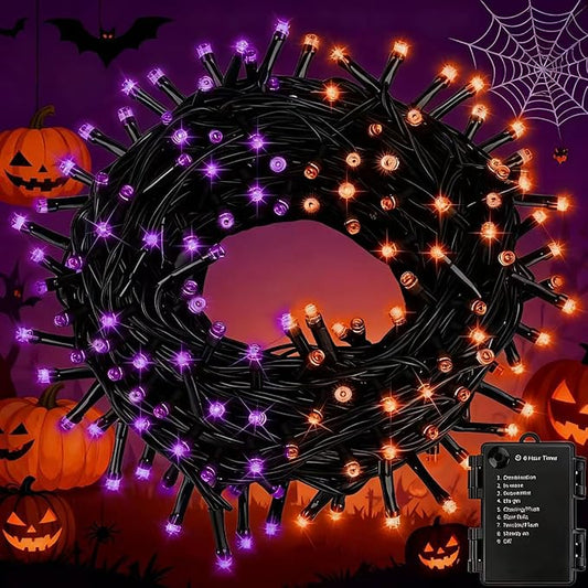 Purple&Orange Halloween Lights, 33FT 100 LED Outdoor String Light with Timer & 8 Modes, 3AA Battery Operated Waterproof String Light for Outdoor and Indoor Halloween Decor