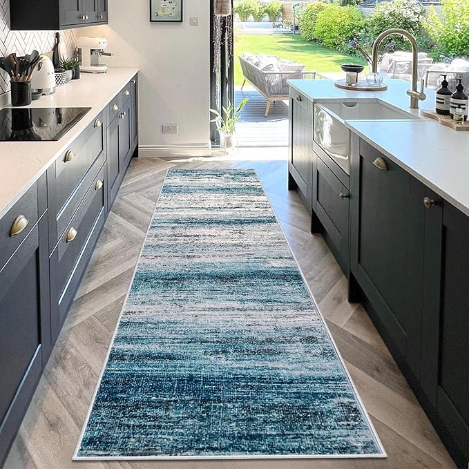 KOZYFLY Runner Rug 3x10 Modern Ombre Runners for Hallways, Washable Rugs for Bedroom Non-Slip Soft Stain Resistant Striped, Print Blue Abstract Carpet for Living/Laundry/Kid Room