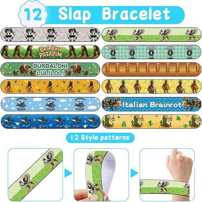 126 PCS Italian Brainrot Party Favors Set – Temporary Tattoos, Slap Bracelets, Invitation Cards, Keychains, Gift Bags & Make a Face Stickers for Italian Brainrot Party Gift Giveaways, Holiday Rewards