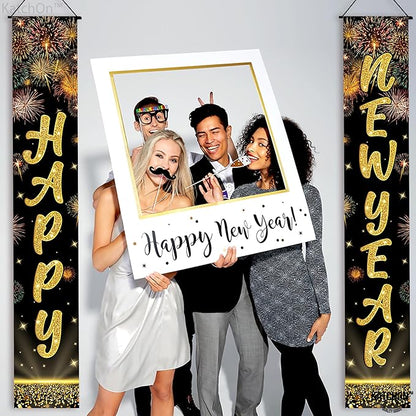 KatchOn, XtraLarge Happy New Year Banner 2026-72x12 Inch | Happy New Year Door Banner for Black and Gold New Years Decorations 2026 | Front Porch Sign, New Years Eve Party Supplies 2026 | NYE Decor