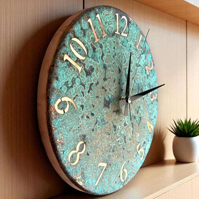 Handmade Pure Copper Wall Clock for Home Decoration, Decor Clock for Living Room, Bedroom and Kitchen, Rustic Decorative Mural Clock Art for Farmhouse (Numbers of Patina, 17.7)