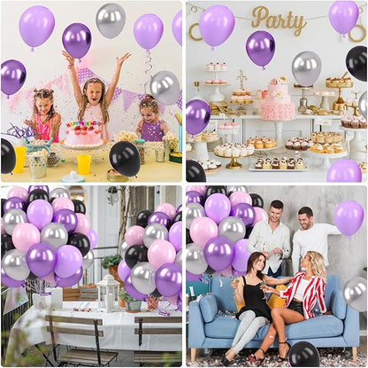 Purple Pink Balloons, 12 Inch Metallic Silver Purple Pink Black Balloons, Pastel Pink Purple Latex Helium Balloon for Girls Women Wedding Bride Shower Baby Shower Birthday Party Decorations
