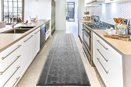 22 Ft Extra Long Non-Slip Grey Hallway Kitchen Runner Rug, 2'7" X 22' Washable Carpet - Rubber Backed, Custom Size Floor Mat for Entryway Stairs Bedroom Bathroom Mudroom