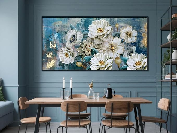 Arjun Extra Large Black Framed Flower Canvas Wall Art for Living Room White Elegant Modern Painting for Bedroom Textured Gold Foil Turquoise Picture Floral Teal Artwork Home Office Decor, 58"x29"