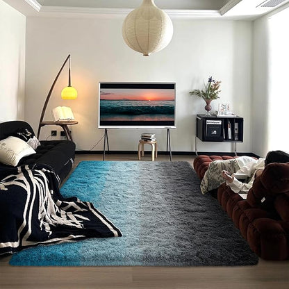 DweIke Luxury Fluffy Kids Rugs for Living Room Bedroom, 5x8 Large Shaggy Black and Blue Area Rug for Girls Boys, Upgrade Plush Non-Slip and Washable Colorful Fuzzy Carpet for Dorm Nursery Decor