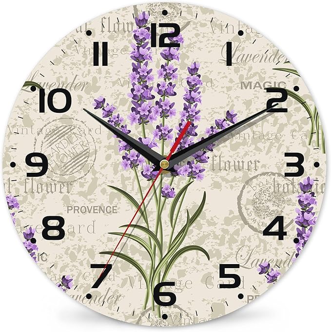 Vintage Floral with Lavenders Wall Clock Silent Non-Ticking Battery Operated Clock 10 Inch, Home Decor for Living Room, Kitchen, Bedroom and Office