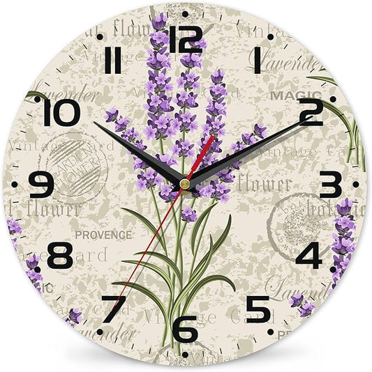 Vintage Floral with Lavenders Wall Clock Silent Non-Ticking Battery Operated Clock 10 Inch, Home Decor for Living Room, Kitchen, Bedroom and Office
