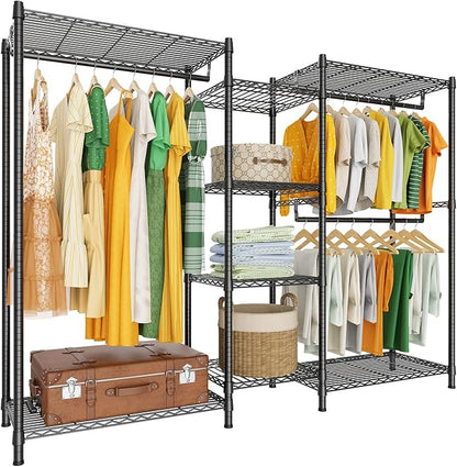 LEHOM G6 Wire Garment Rack Heavy Duty Clothes Rack Compact Size Armoire Storage Rack Freestanding Metal Clothing Closet Wardrobe with 3 Hanger Rod and 4 Large Shelves 4 Small Shelves, Black