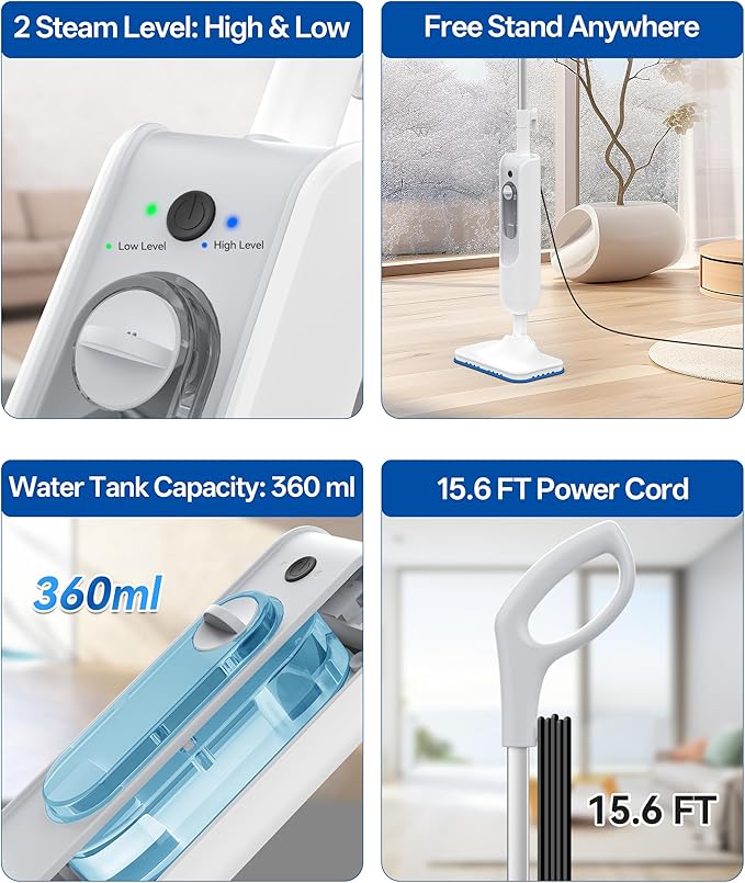 F2 Steam Mop,12-in-1 Handheld Steam Cleaner,Powerful Detachable Steam Mop for Floor Cleaning,360ML Tank,15FT Power Cable,Scrubbing Steam Cleaner for Home,Hardwood,Tile,Grout,Furniture-White