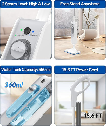 F2 Steam Mop,12-in-1 Handheld Steam Cleaner,Powerful Detachable Steam Mop for Floor Cleaning,360ML Tank,15FT Power Cable,Scrubbing Steam Cleaner for Home,Hardwood,Tile,Grout,Furniture-White