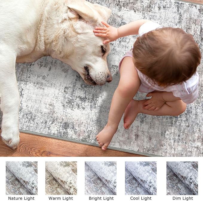 Modern Abstract 4x6 Living Room Washable Rug Non-Slip Soft Bedroom Area Rug Beige Grey Neutral Thin Print Faux Wool Floor Carpet Throw Rugs for Nursery Playroom Dining Room Indoor Office