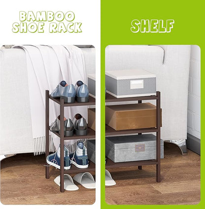 BMOSU 3-Tier Bamboo Small Shoe Rack Premium Stackable Shoe Shelf Storage Organizer for Hallway Closet Living Room Entryway Organizer(Brown)