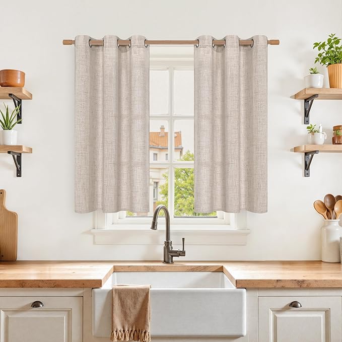 YoungsTex Short Linen Curtains for Kitchen Window with Bronze Grommet, Small Semi Sheer Drapes Light Filtering Natural Rustic for Cafe Bathroom Loft, 2 Panels, 34 x 40 Inch Long