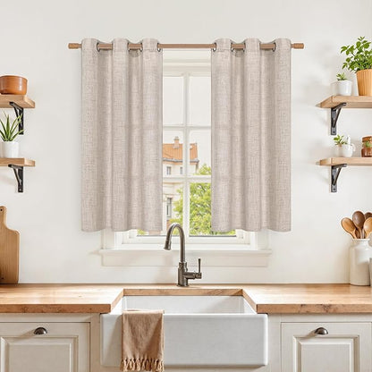 YoungsTex Short Linen Curtains for Kitchen Window with Bronze Grommet, Small Semi Sheer Drapes Light Filtering Natural Rustic for Cafe Bathroom Loft, 2 Panels, 34 x 40 Inch Long