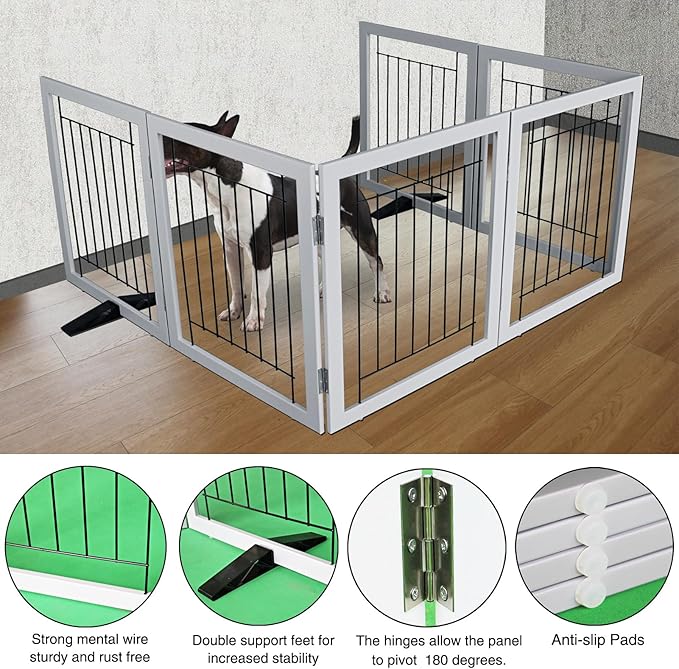 ZJSF Freestanding Dog Gate Indoor, Foldable Dog Fence for Doorways,Hallways or Stairs, Sturdy Wood Extra Wide Pet Gate with Support Feet,Grey,32 "Height-6 Panels