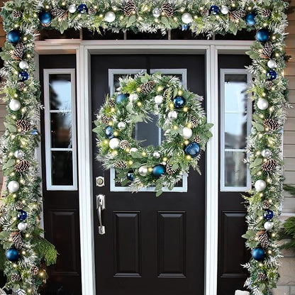 WANNA-CUL Pre-Lit 30 Inch Large Christmas Wreath for Front Door with 50 Led Lights, Silver Blue Lighted Christmas Door Wreath Decor with Ball Ornaments,Pine Cones, Battery Operated