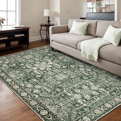 Area Rug 8×10 Washable Rugs for Bedroom, Vintage Floral Rug Soft Non Slip Stain Resistant Carpet for Living Room Dinning Room Kitchen Home Office Green Black