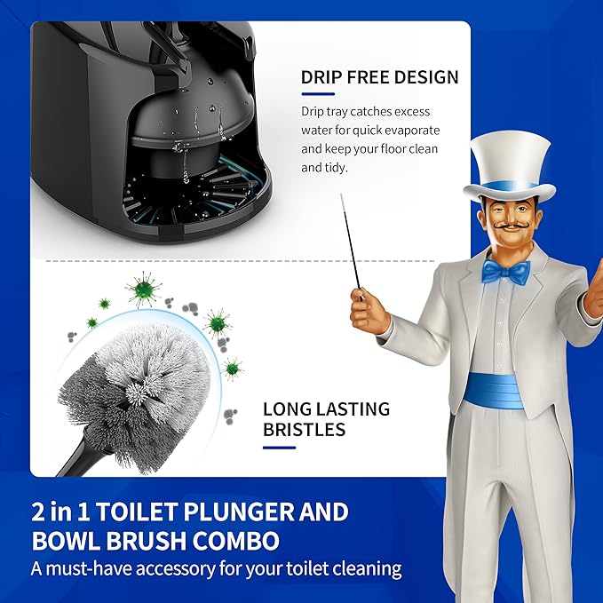 MR.SIGA Toilet Plunger and Bowl Brush with Holder, Heavy Duty Toilet Brush and Plunger Set for Bathroom Cleaning, Black, 1 Set