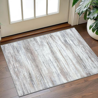 KOZYFLY Modern Abstract Small Area Rugs 2x3, Washable Kitchen Rug Non-Slip Soft Small Bathroom Rug, Beige Striped Entryway Rugs Abstract Print Faux Wool Doormat for Bedside Entrance Bedroom Sink