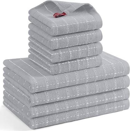Mordimy 100% Cotton Terrycloth Kitchen Towels and Dishcloths Sets, Soft and Absorbent Checkered Dish Towels, Quick Drying Dish Rags for Washing Dishes, 4 Pack 12" x 12" & 4 Pack 12" x 12", Light Grey