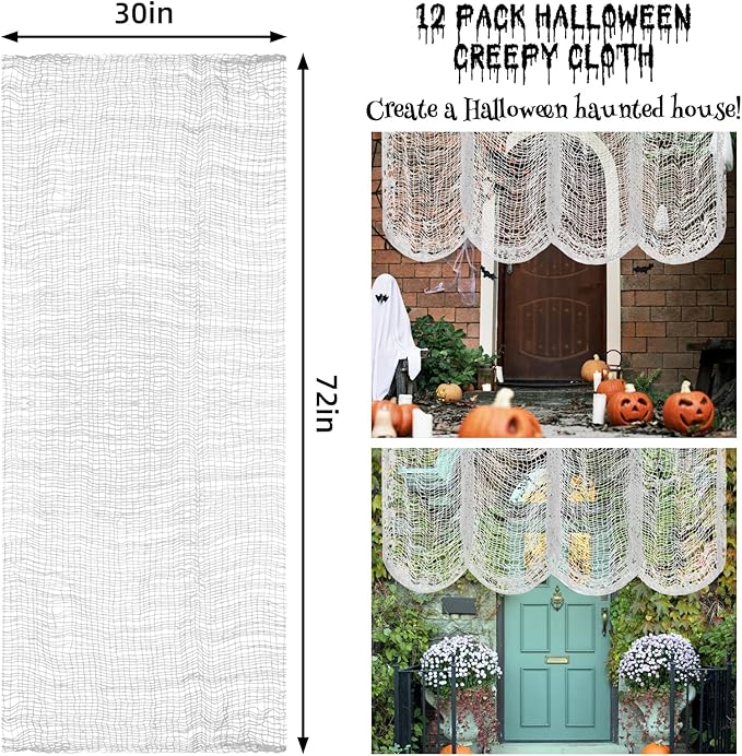 Legigo 12 Pack White Halloween Creepy Cloths Cheesecloths, Spooky Black Mesh Fabric Cheese Cloths for Crafts, Scary Gauze Fabric for Party Supplies Home Wall Doorway Outdoor Yard Decor