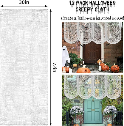 Legigo 12 Pack White Halloween Creepy Cloths Cheesecloths, Spooky Black Mesh Fabric Cheese Cloths for Crafts, Scary Gauze Fabric for Party Supplies Home Wall Doorway Outdoor Yard Decor