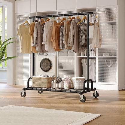 Raybee Heavy Duty Clothes Rack, Clothing Racks for Hanging Heavy Clothes 200+, Rolling Clothing Rack Load 485 LBS, Extendable & Adjustable Portable Commercial Garment Rack with Wheels, Black