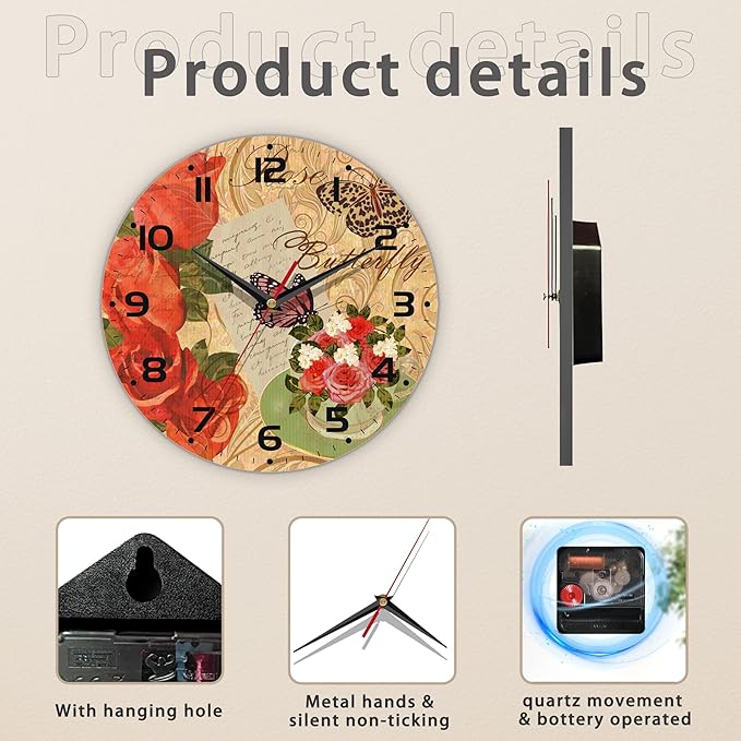 Vintage Rose and Butterfly Wall Clock, Contemporary Home Decor Easy to Read Wall Clock for Living Room, Bedroom, Bathroom and Kitchen, 10 Inch
