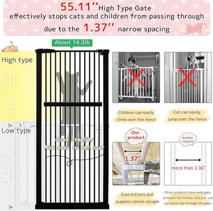 Lumizone Extra Tall Pet Gate 55.12" High Pressure Mounted 30.12"-34.05" Extra Wide (9 Sizes) 1.37" Gap for Cat Dog Stairs Doorway Hallway No Drilling Auto-Close (30.12"-34.05" W, Black)