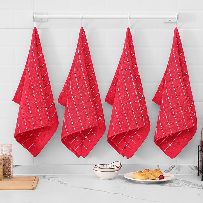 Mordimy 100% Cotton Terry Cloth Kitchen Towels, Super Soft and Absorbent Dish Towels for Drying, Checkered Designed Hand Towels for Kitchen, 16 x 26 Inches, 6 Pack, Red