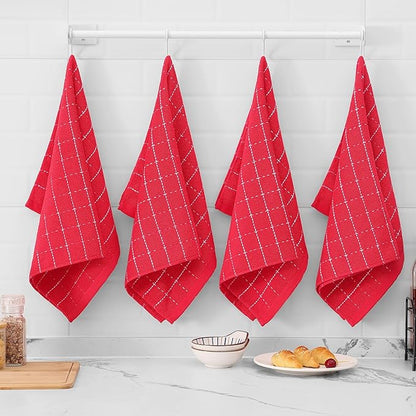 Mordimy 100% Cotton Terry Cloth Kitchen Towels, Super Soft and Absorbent Dish Towels for Drying, Checkered Designed Hand Towels for Kitchen, 16 x 26 Inches, 6 Pack, Red