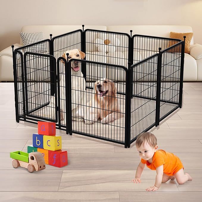 Dog Playpen 32 inch 16 Panels, Puppy Playpen Indoors, Dog Fence Outdoor for Yard, Wide Door Low Threshold Garden Fence for Medium/Large Pets. Black Dog Pens Total 35.4 Ft(L)