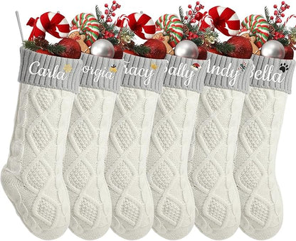 Personalized Christmas Stockings,Custom Embroidered Name+Logo Xmas Knitted Stockings 18'',Holiday and Family Stocking for Fireplace Christmas Holiday Party Decoration 1-6Pack（White Grey）