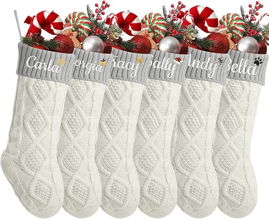 Personalized Christmas Stockings,Custom Embroidered Name+Logo Xmas Knitted Stockings 18'',Holiday and Family Stocking for Fireplace Christmas Holiday Party Decoration 1-6Pack（White Grey）