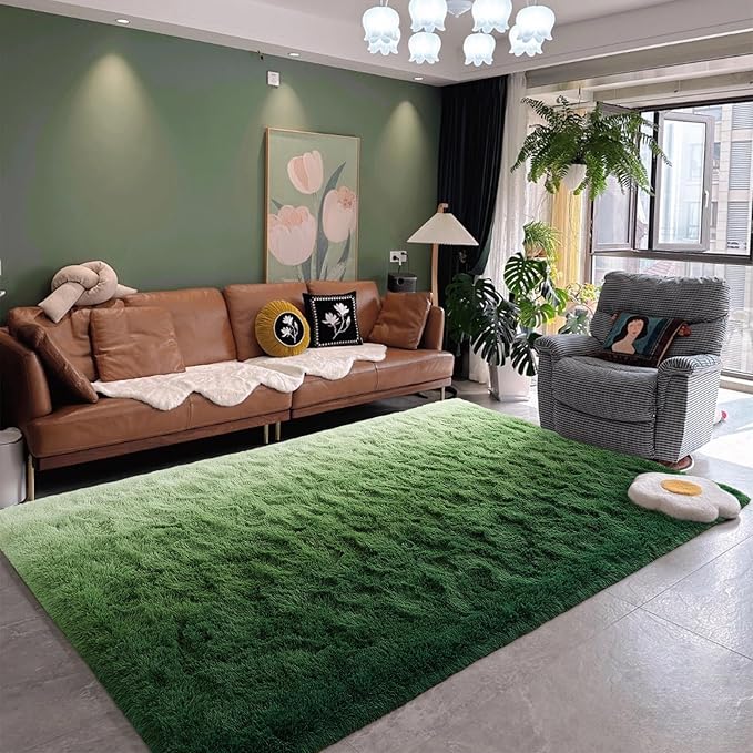 DweIke Luxury Fluffy Kids Rugs for Living Room Bedroom, 6x9 Large Shaggy Forest Green Area Rug for Girls Boys, Upgrade Plush Non-Slip and Washable Colorful Fuzzy Carpet for Dorm Nursery Decor