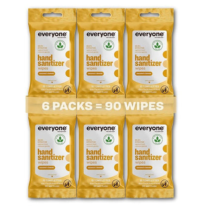 Everyone Hand Sanitizer Wipes, 15 Wipes (Pack of 6), Coconut and Lemon, Made with Sugarcane Derived Alcohol with Essential Oils, TSA friendly