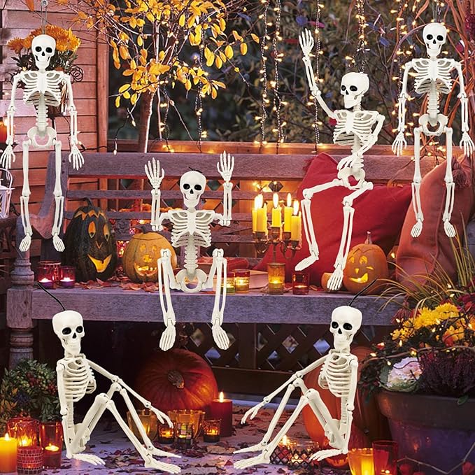 6 Pack Halloween Skeleton Decorations Outdoor: 16" Full Body Skeleton With Movable Posable Joints - Spooky Halloween Props for Yard, Garden, Lawn, Haunted House, Graveyard Decor