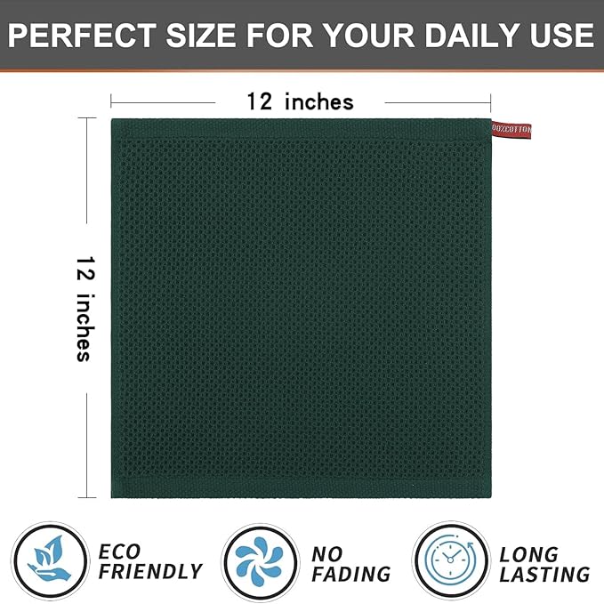 Kitinjoy 100% Cotton Kitchen Dish Cloths, 12 Pack Waffle Weave Ultra Soft Absorbent Dish Towels for Drying Dishes Quick Drying Kitchen Towels Dish Rags, 12 X 12 Inches, Blackish Green