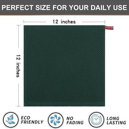 Kitinjoy 100% Cotton Kitchen Dish Cloths, 12 Pack Waffle Weave Ultra Soft Absorbent Dish Towels for Drying Dishes Quick Drying Kitchen Towels Dish Rags, 12 X 12 Inches, Blackish Green