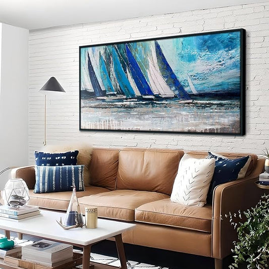 Arjun Framed Wall Art Blue Abstract Wall Art Canvas for Living Room, Teal Coastal Nautical Sailboat Picture Painting Artwork Bedroom Home Office Wall Decor, Black Wood Large 40"x20"