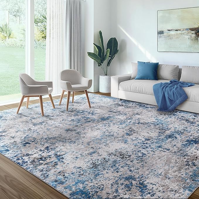 AUKOW 10x12 Area Rug for Living Room - Washable Abstract Rus Modern Neutral Soft Rug for Bedroom Dining Room No Slip Low Pile Carpet for Nursery Home Office - Grey/Blue