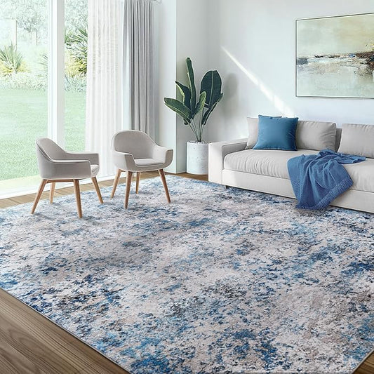AUKOW 10x12 Area Rug for Living Room - Washable Abstract Rus Modern Neutral Soft Rug for Bedroom Dining Room No Slip Low Pile Carpet for Nursery Home Office - Grey/Blue