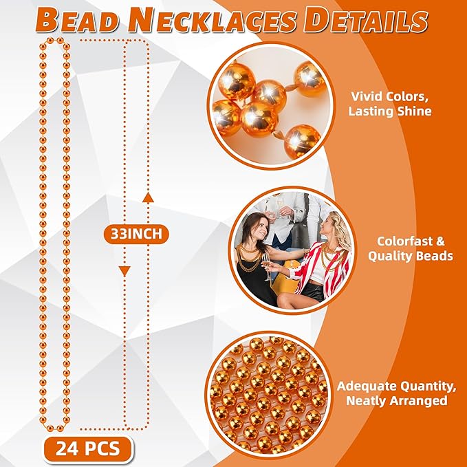 YAXINRUI 24 PCS Orange Bead Necklace, Orange Mardi Gras Beads, 33 Inch Halloween Beaded Necklace for Mardi Gras Christmas Halloween Festive